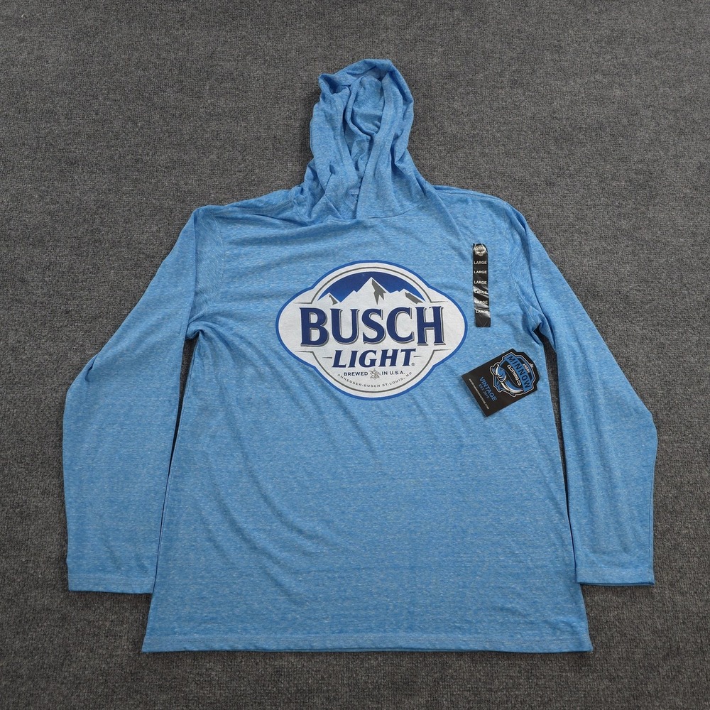 Angry Minnow Shirt Mens Large Blue Busch Light‎ Hooded Long Sleeve Beer Tee NEW